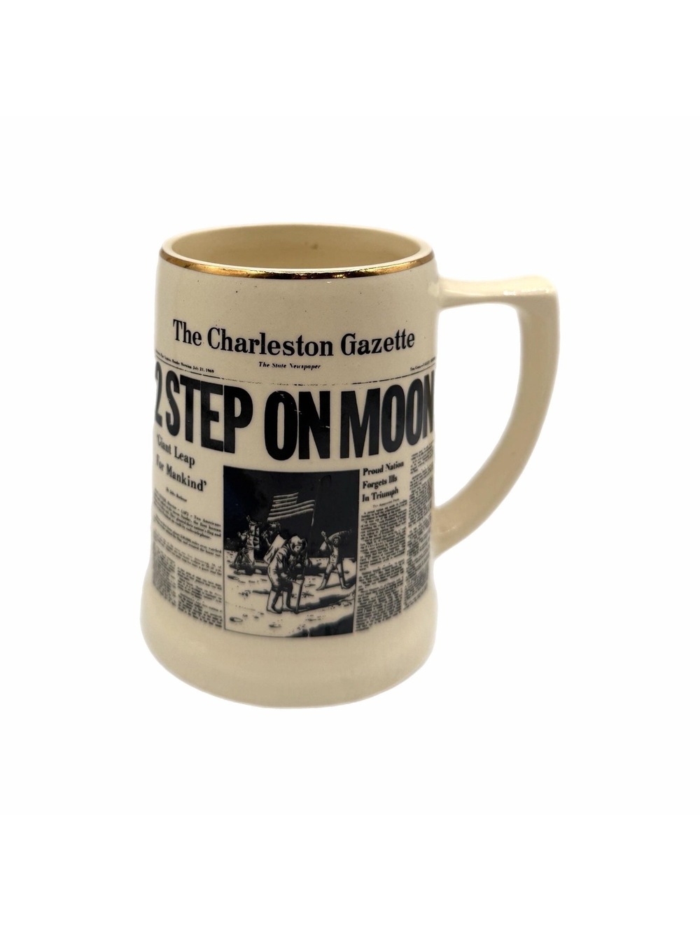 Vintage 1960s “Man Steps on Moon” Newspaper Headline Ceramic Coffee Mug
